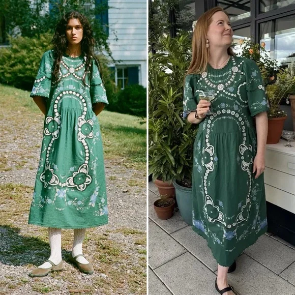SEA New York Vesna Embroidered Midi Dress Green Floral Cotton Linen Size Small - Picture 14 of 16